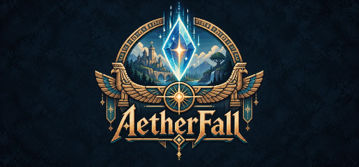 AetherFall gold wordmark and winged emblem surrounding a glowing blue crystal