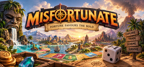 MISFORTUNATE artwork showing a strategy board, dice and a colourful landscape